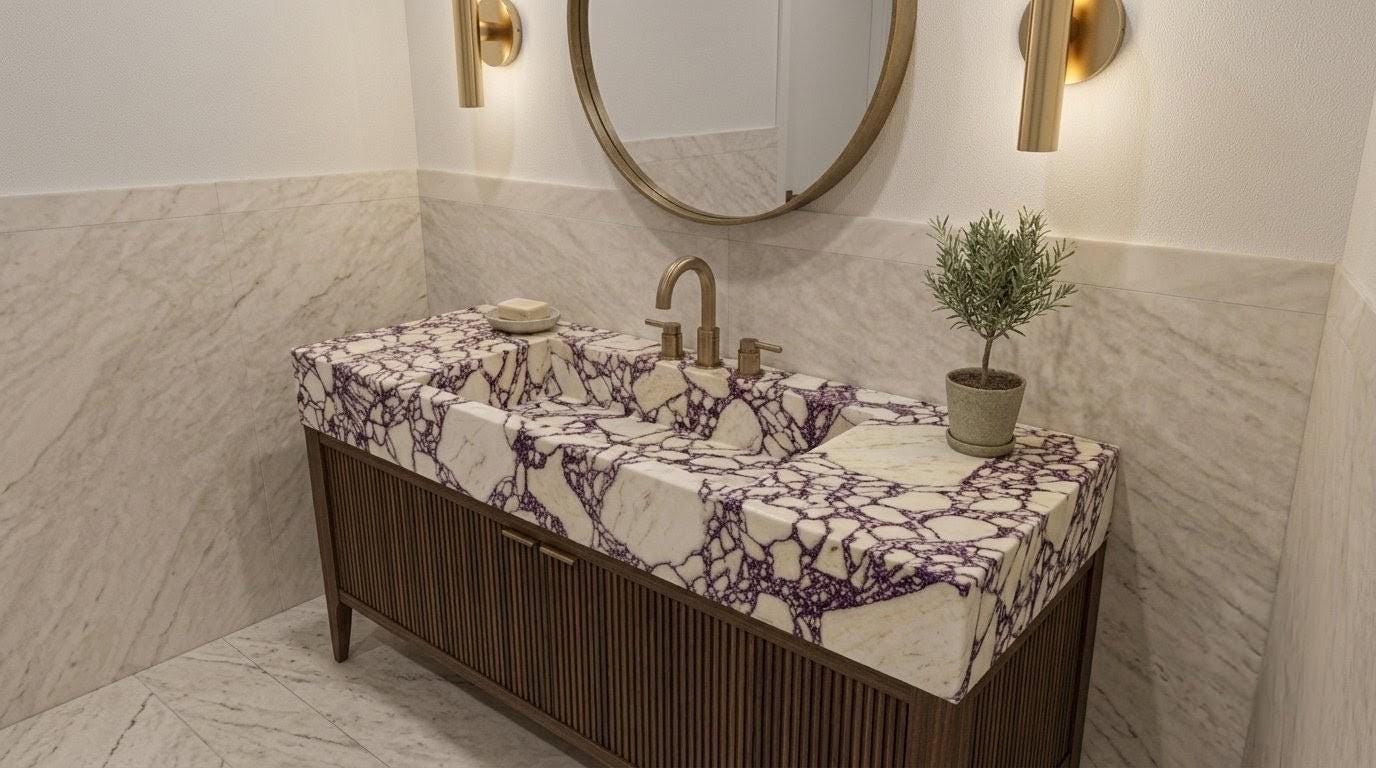 Calacatta Viola Marble Vanity Sink | Wall-Mounted Handcrafted Bathroom Basin