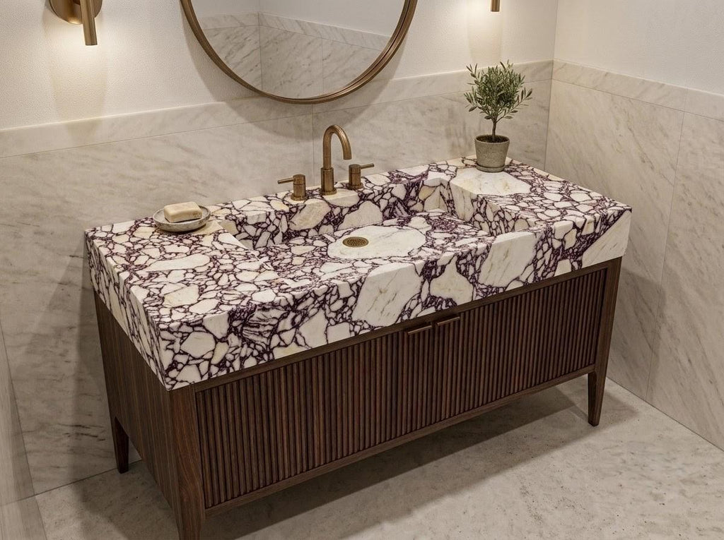 Calacatta Viola Marble Vanity Sink | Wall-Mounted Handcrafted Bathroom Basin
