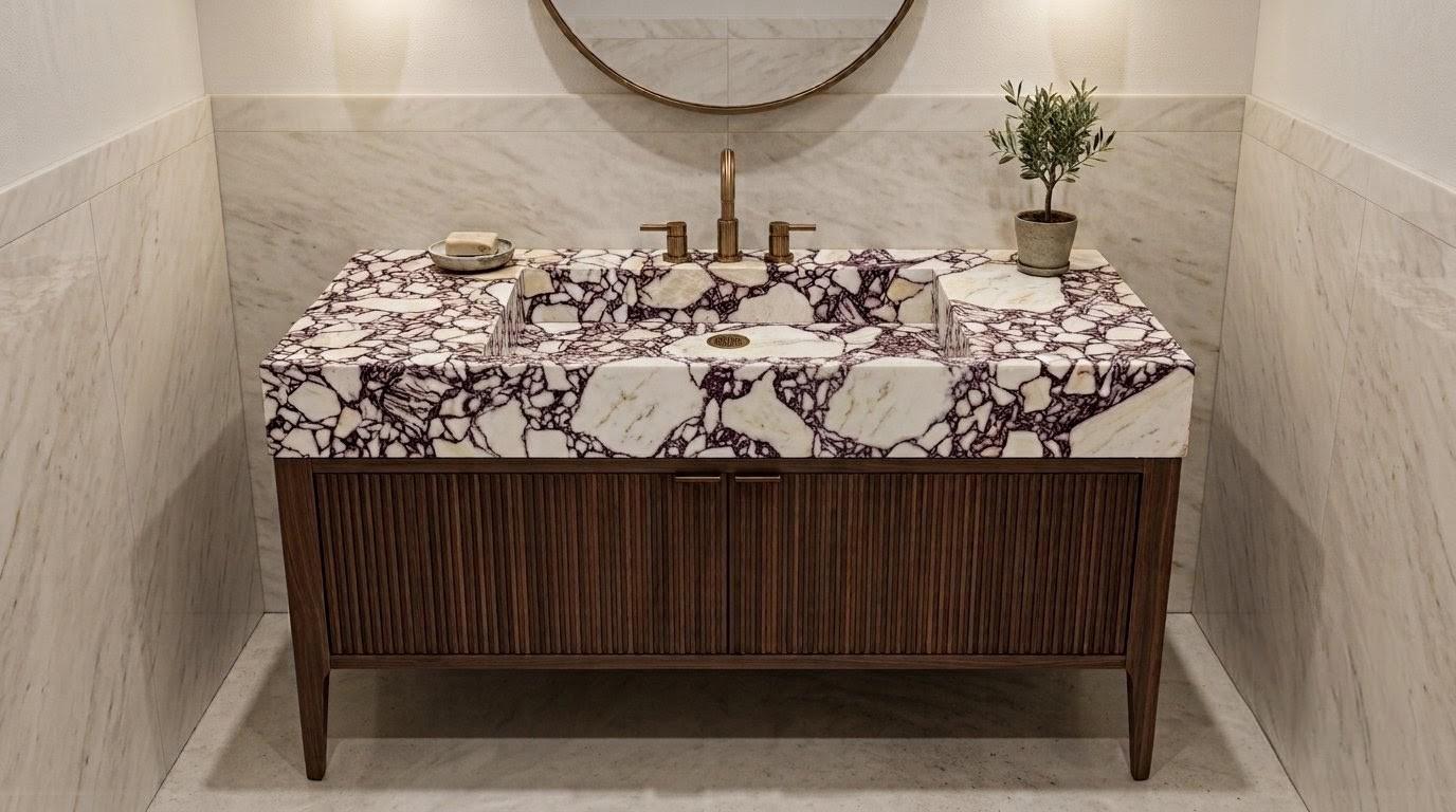 Calacatta Viola Marble Vanity Sink | Wall-Mounted Handcrafted Bathroom Basin