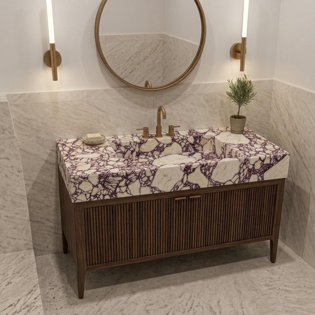 Calacatta Viola Marble Vanity Sink | Wall-Mounted Handcrafted Bathroom Basin