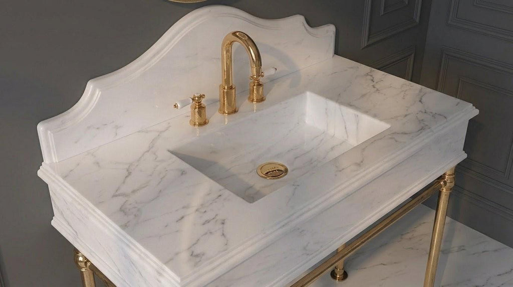 Solid White Marble Vanity Sink with Brass Console Stand, Ogee Edge Bathroom Basin