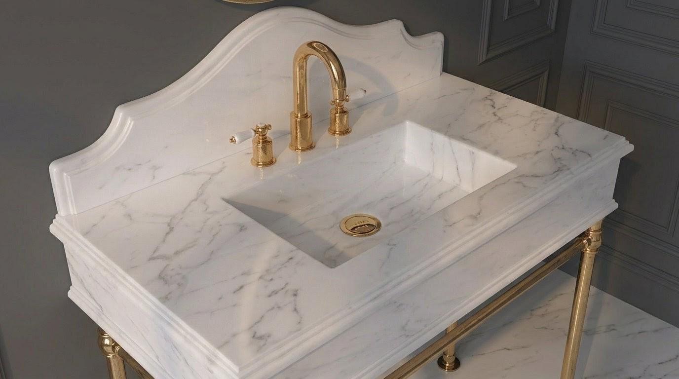 Solid White Marble Vanity Sink with Brass Console Stand, Ogee Edge Bathroom Basin
