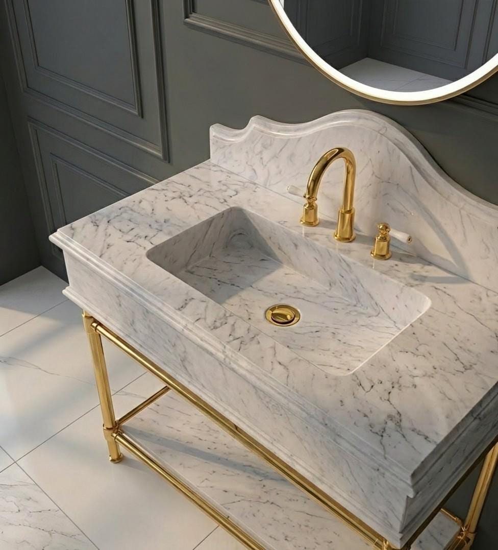 Solid White Marble Vanity Sink with Brass Console Stand, Ogee Edge Bathroom Basin
