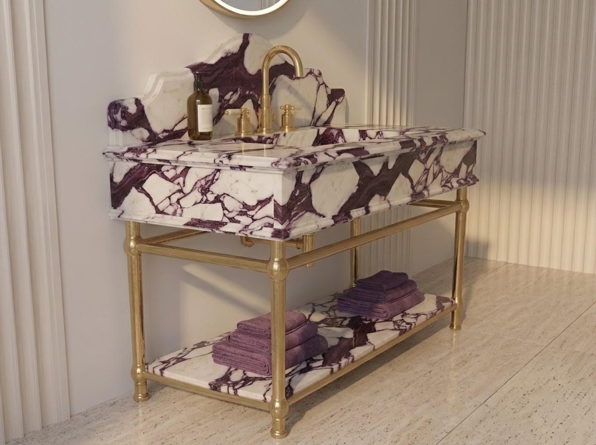 Calacatta Viola Marble Vanity Sink, Purple Vein Console Basin, Brass Stand, Natural Stone Washbasin