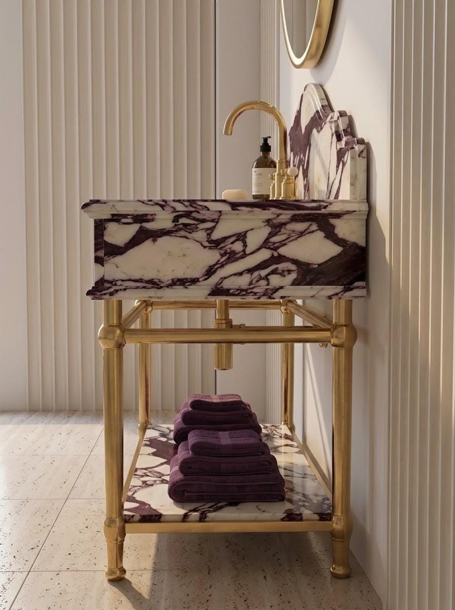 Calacatta Viola Marble Vanity Sink, Purple Vein Console Basin, Brass Stand, Natural Stone Washbasin