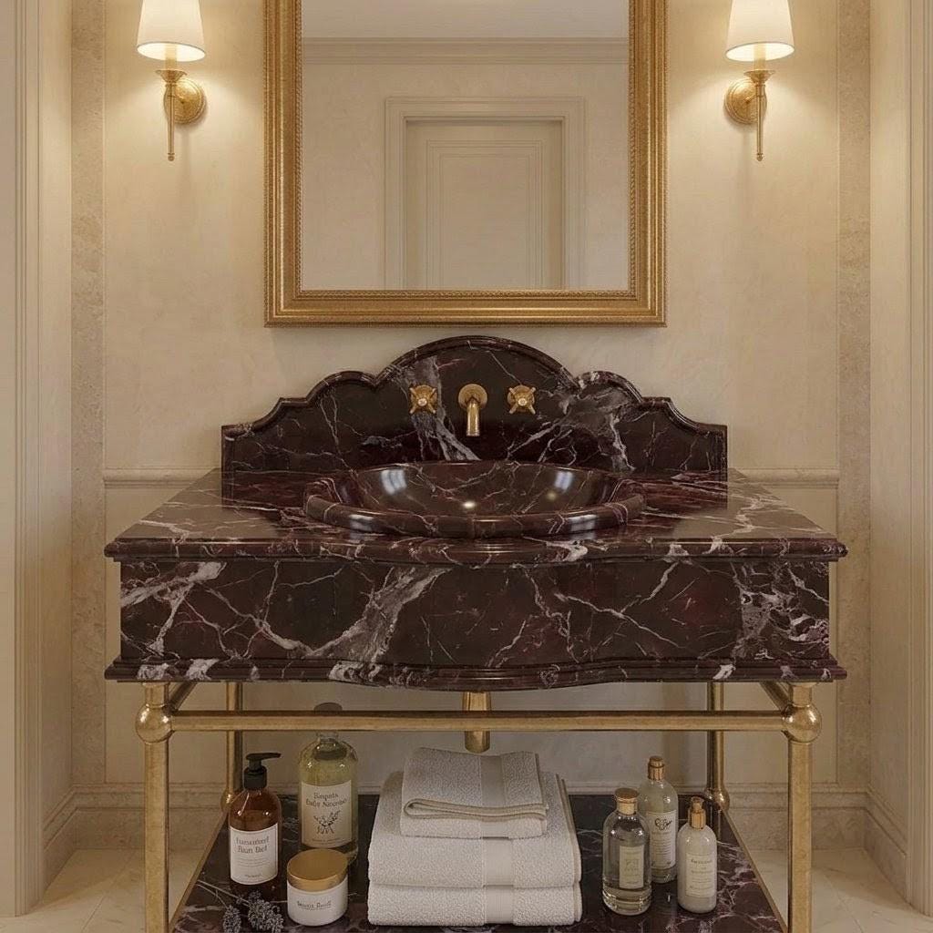 Rosso Levanto Marble Vanity Sink with Brass Console Stand, Burgundy Bathroom Vanity, Gold Painted Legs, Custom Wall Mount Washbasin