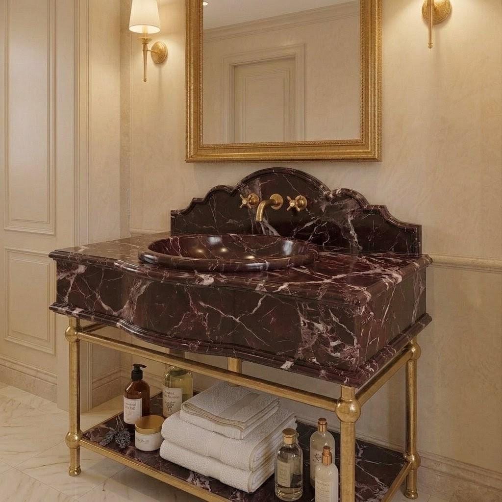 Rosso Levanto Marble Vanity Sink with Brass Console Stand, Burgundy Bathroom Vanity, Gold Painted Legs, Custom Wall Mount Washbasin