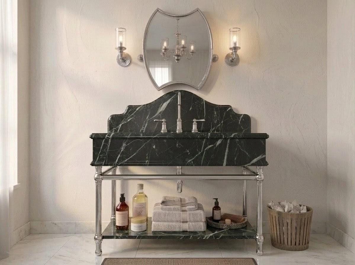 Verde Levanto Green Marble Vanity Unit, Solid Silver Painted Iron Console, Luxury Bathroom Sink