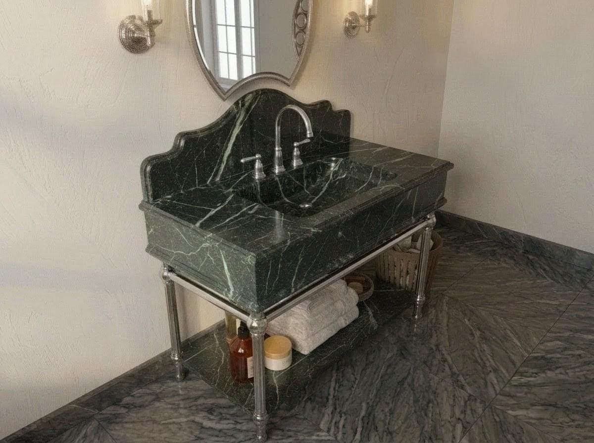Verde Levanto Green Marble Vanity Unit, Solid Silver Painted Iron Console, Luxury Bathroom Sink