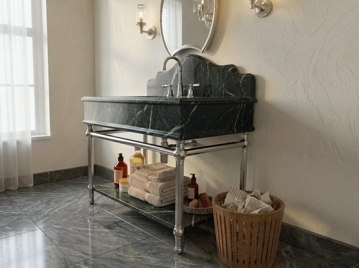 Verde Levanto Green Marble Vanity Unit, Solid Silver Painted Iron Console, Luxury Bathroom Sink