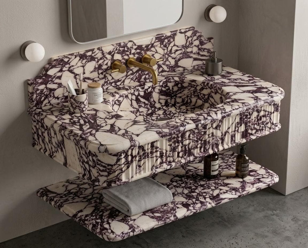 Calacatta Viola Marble Floating Vanity Sink, Fluted Italian Wall Mount Basin (with Shelf Option)