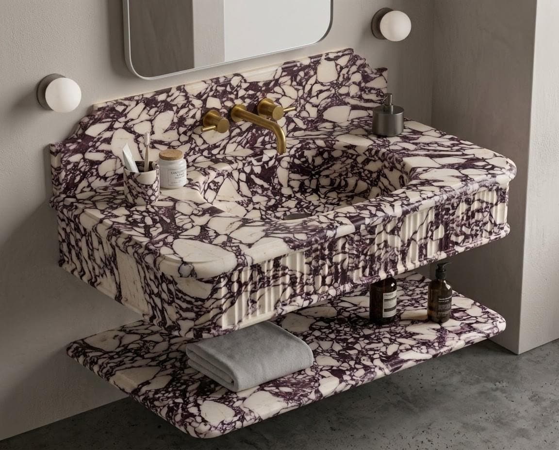 Calacatta Viola Marble Floating Vanity Sink, Fluted Italian Wall Mount Basin (with Shelf Option)