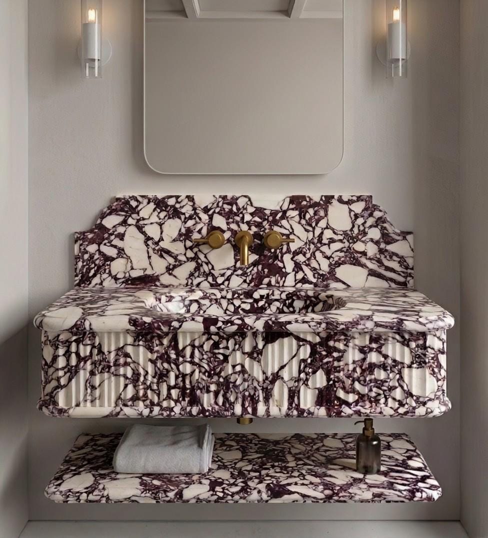 Calacatta Viola Marble Floating Vanity Sink, Fluted Italian Wall Mount Basin (with Shelf Option)