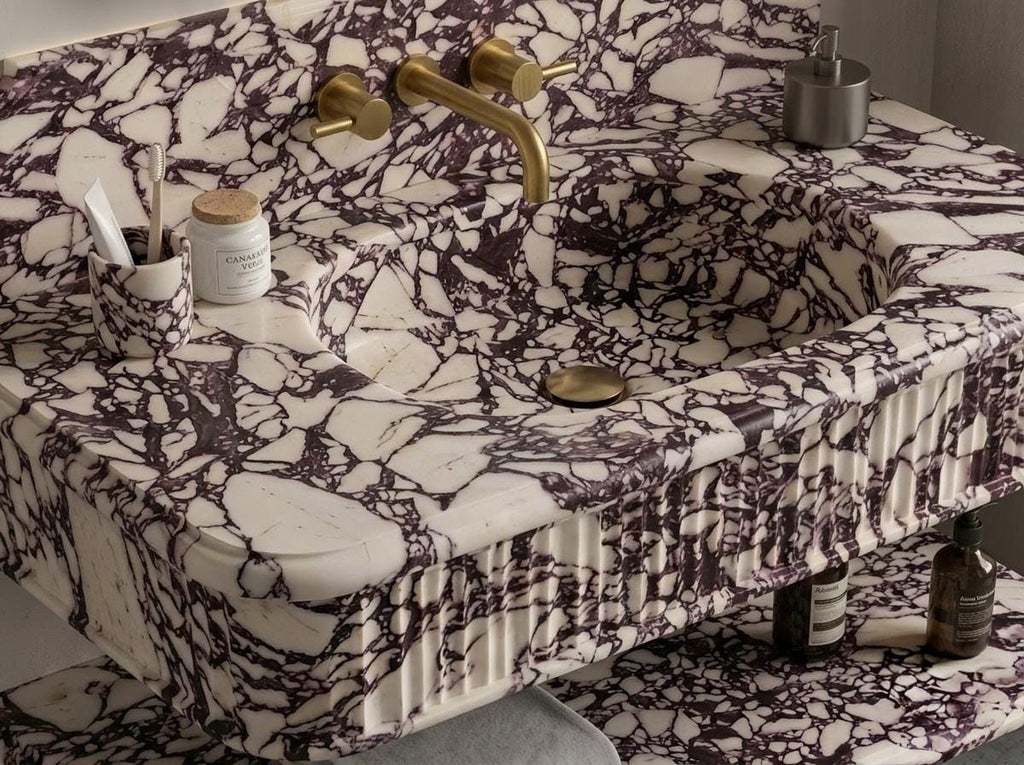 Calacatta Viola Marble Floating Vanity Sink, Fluted Italian Wall Mount Basin (with Shelf Option)