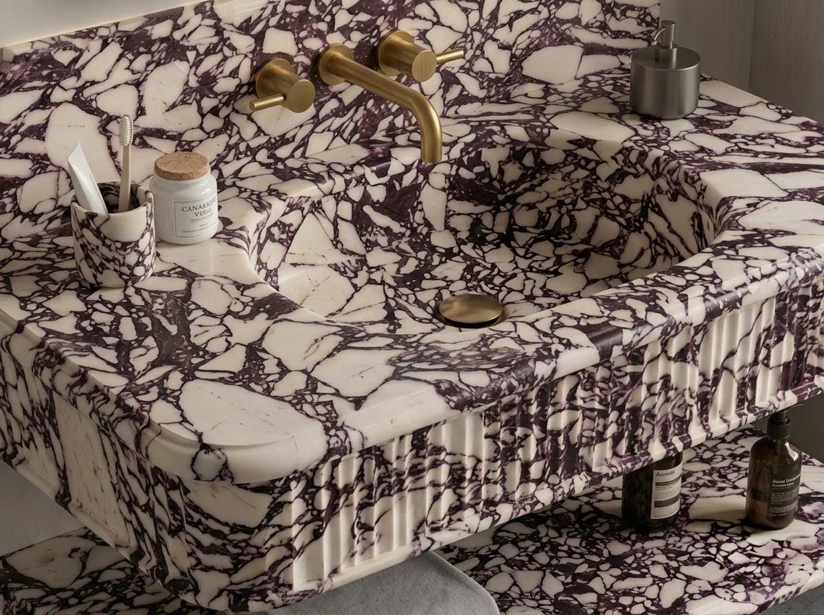 Calacatta Viola Marble Floating Vanity Sink, Fluted Italian Wall Mount Basin (with Shelf Option)