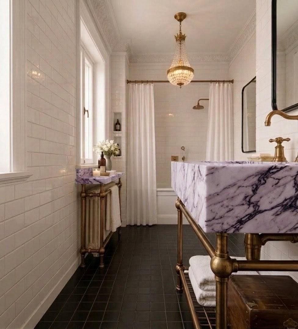 Lilac  Marble Sink Vanity, Bronze Brass Legs, Radiator Cover, Shower Rail Set