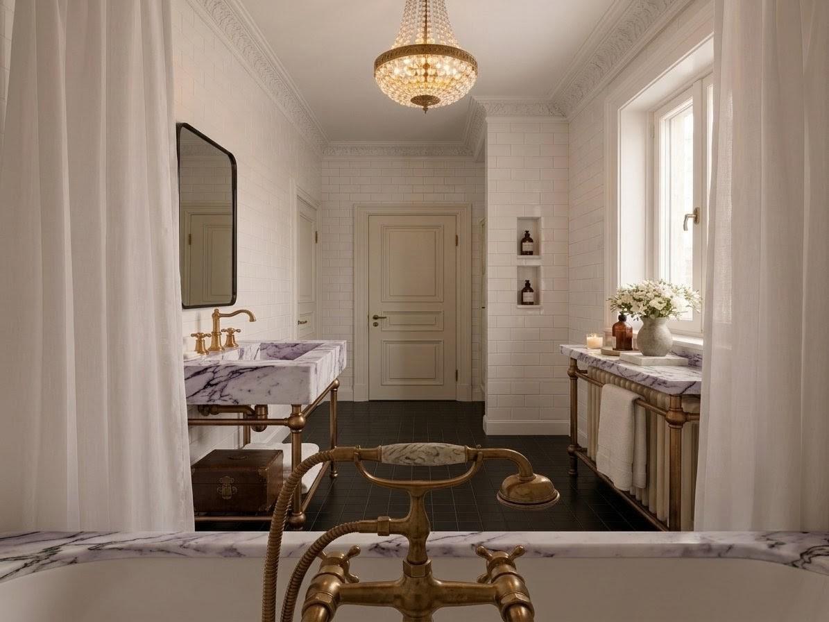 Lilac  Marble Sink Vanity, Bronze Brass Legs, Radiator Cover, Shower Rail Set