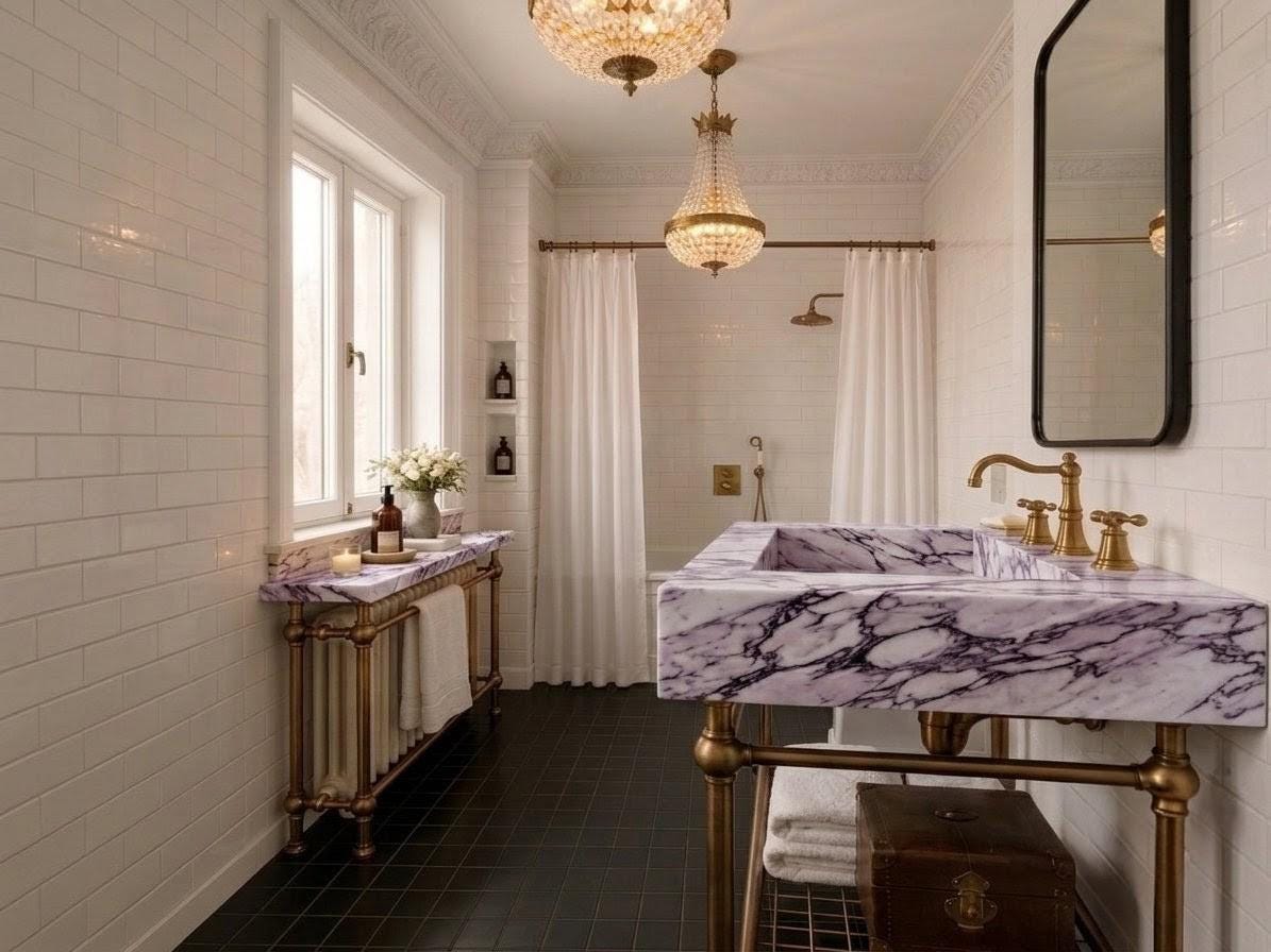 Lilac  Marble Sink Vanity, Bronze Brass Legs, Radiator Cover, Shower Rail Set