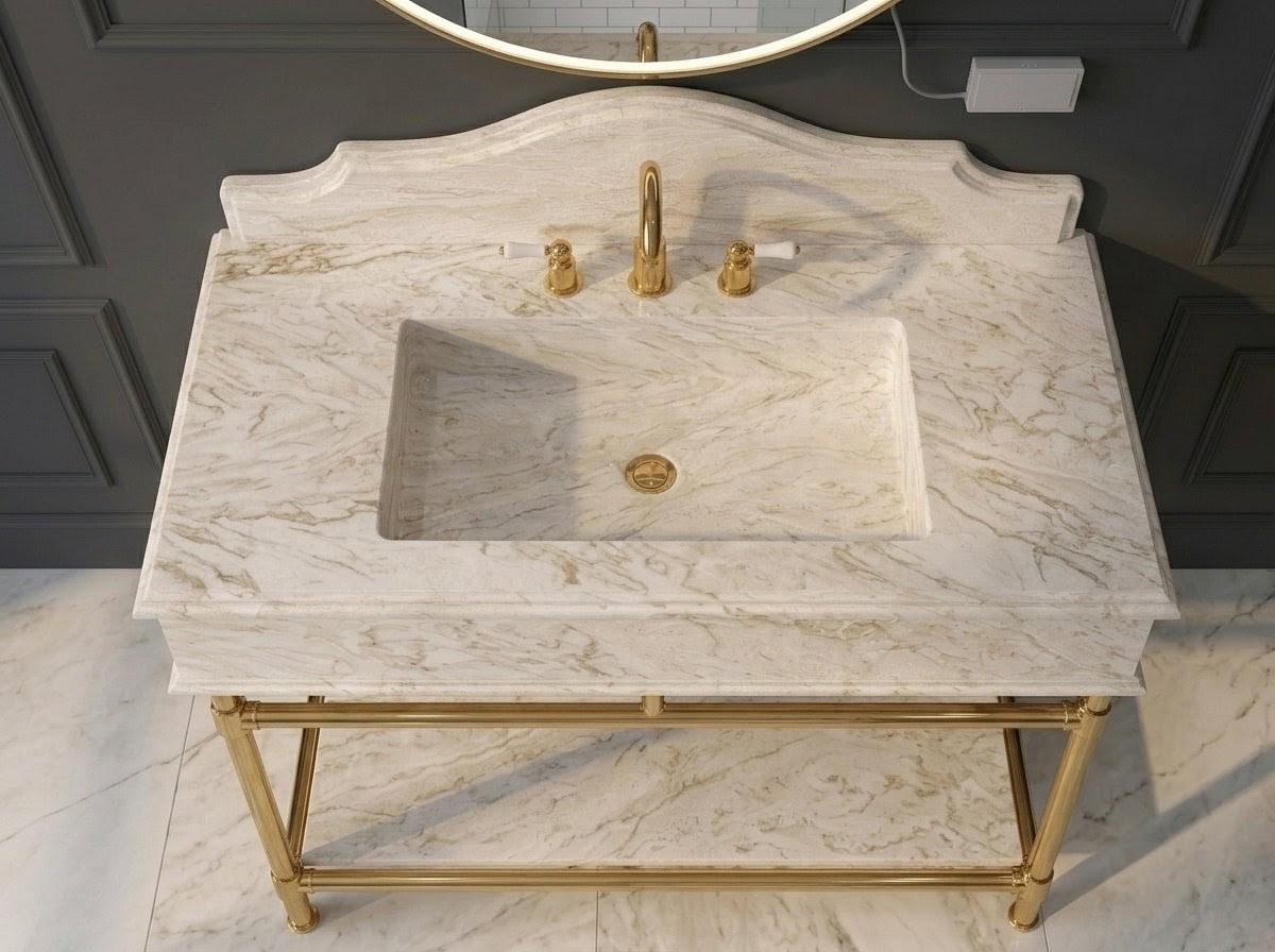 Handcrafted Diana Royal Marble Vanity Sink, Brass Legs, French Provincial Style