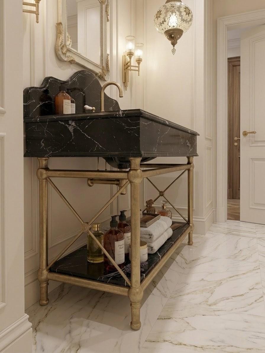 Handcrafted Black Marble Vanity Sink with Custom Console Stand (Brass or Gold Legs)
