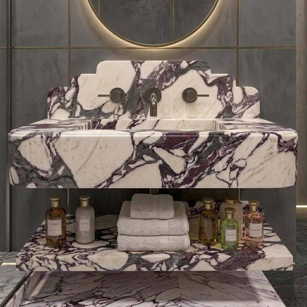 Calacatta Viola Marble Floating Sink, Wall Mounted Vanity Basin, Italian Stone Washbasin