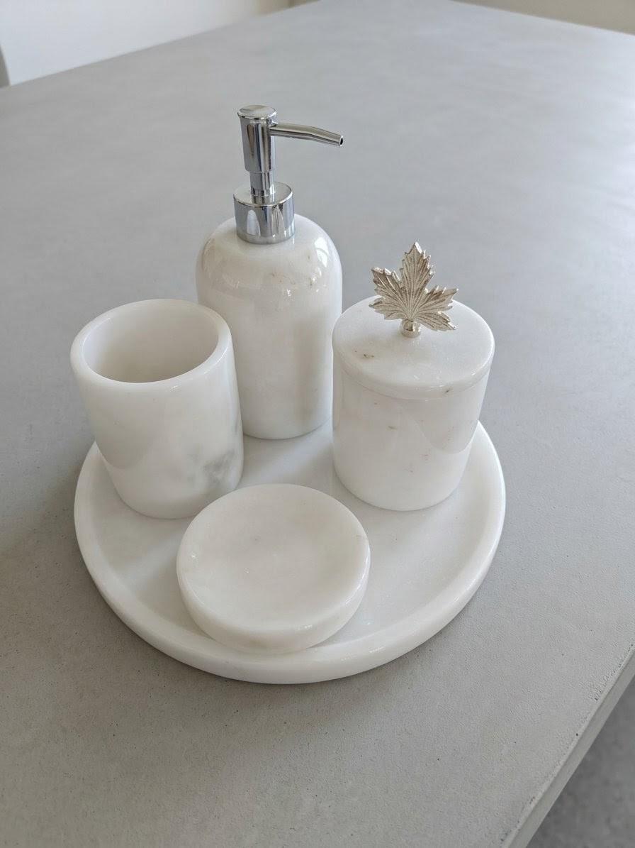 Hand-Carved White Marble Bathroom Accessories Set – 6 Piece Modern Decor