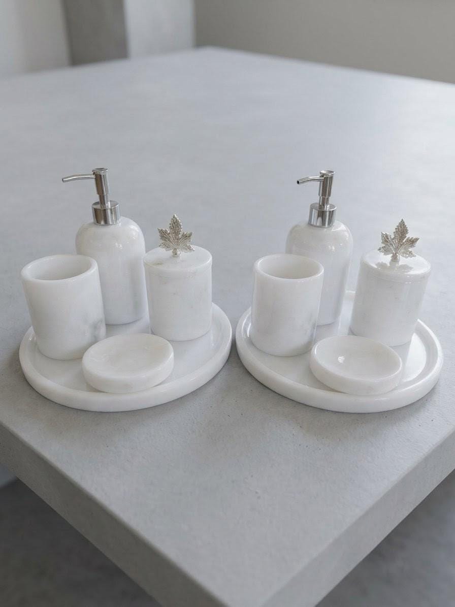 Hand-Carved White Marble Bathroom Accessories Set – 6 Piece Modern Decor