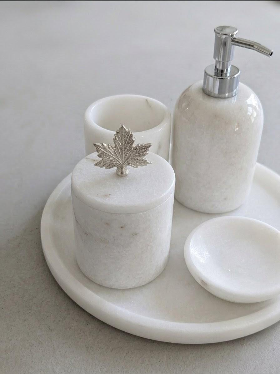 Hand-Carved White Marble Bathroom Accessories Set – 6 Piece Modern Decor