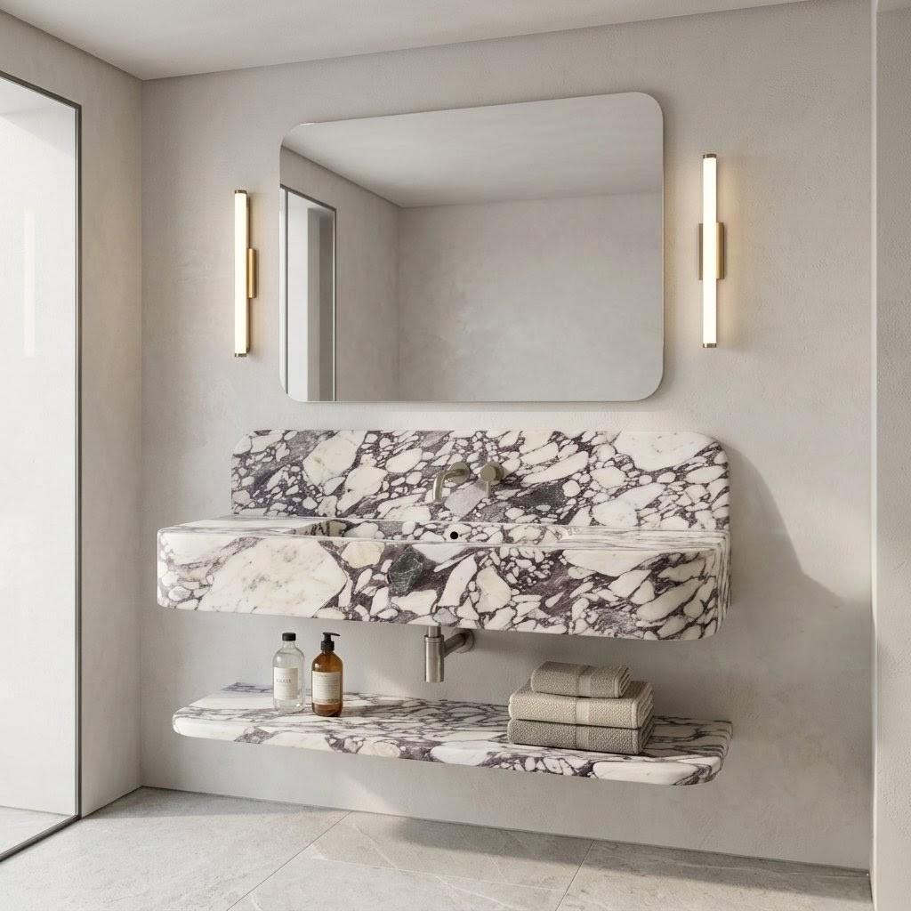 Calacatta Viola Marble Floating Sink, Luxury Wall Mounted Washbasin, Integrated Stone Basin