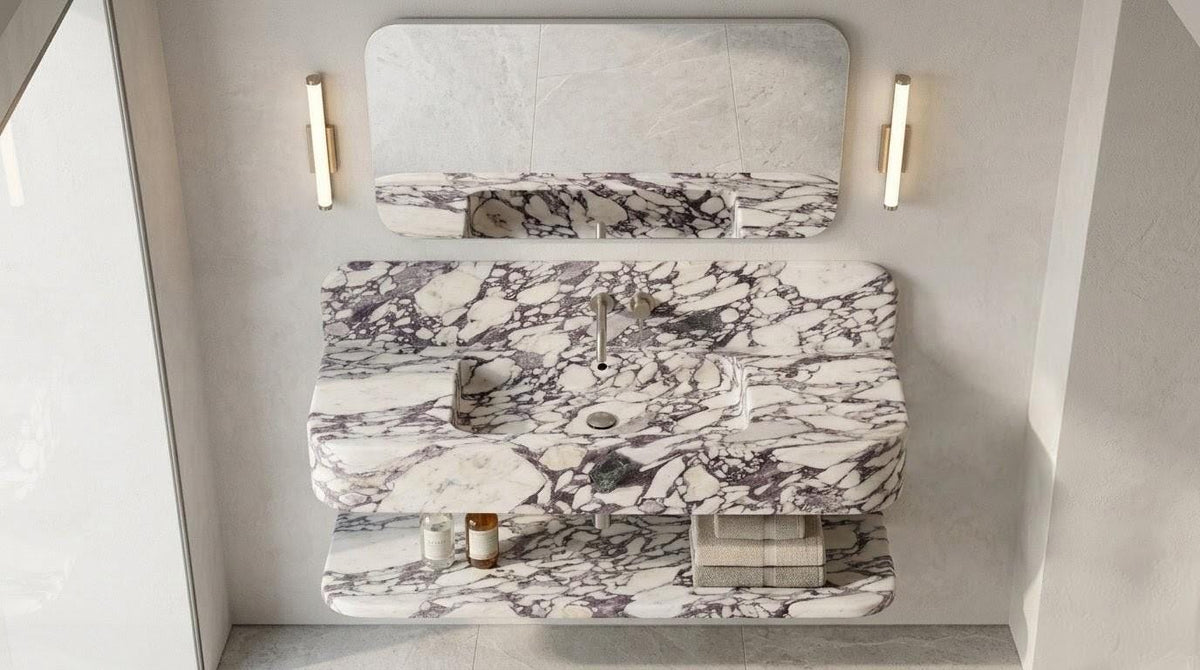 Calacatta Viola Marble Floating Sink, Luxury Wall Mounted Washbasin, Integrated Stone Basin