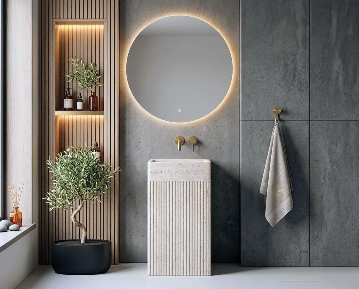 Travertine Pedestal Sink, Fluted Natural Stone Monolith Basin, Light Beige Bathroom Vanity