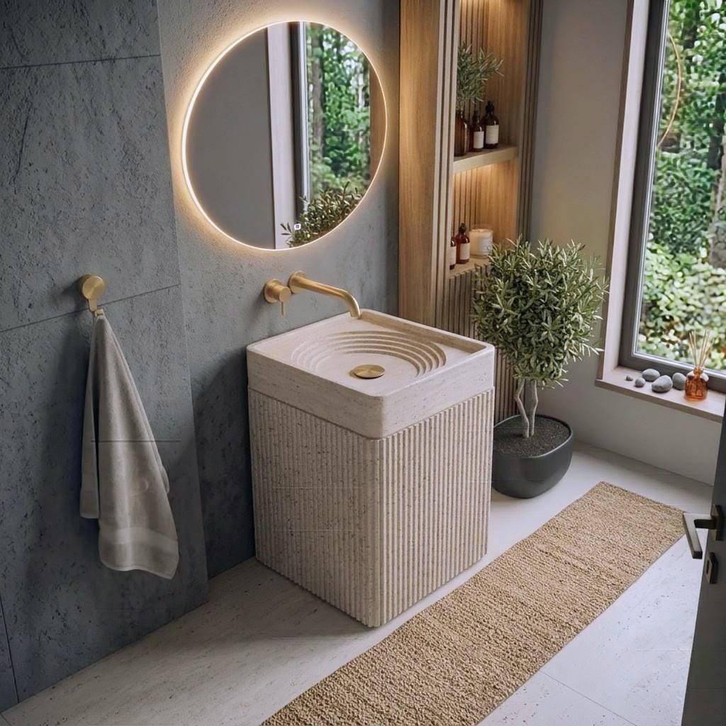 Travertine Pedestal Sink, Fluted Natural Stone Monolith Basin, Light Beige Bathroom Vanity