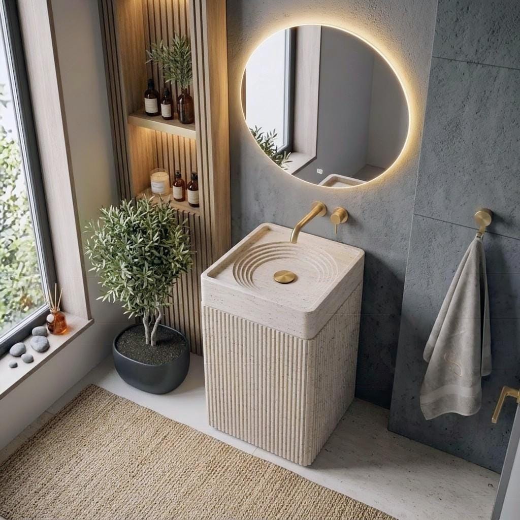 Travertine Pedestal Sink, Fluted Natural Stone Monolith Basin, Light Beige Bathroom Vanity