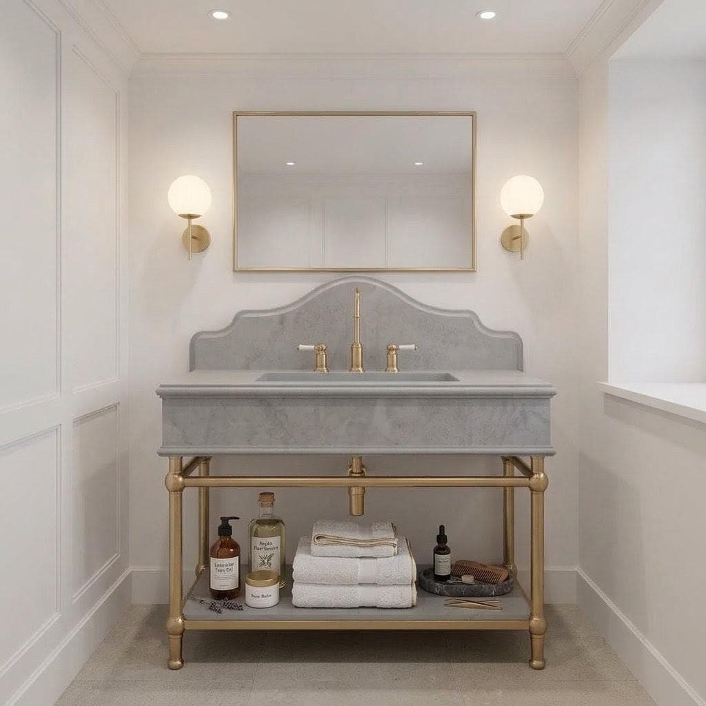 Handcrafted Gray Marble Vanity Sink with Gold Iron or Brass Stand (8" Thick)