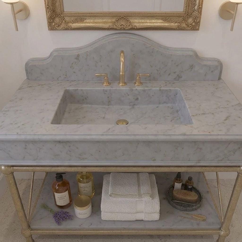 Handcrafted Gray Marble Vanity Sink with Gold Iron or Brass Stand (8" Thick)