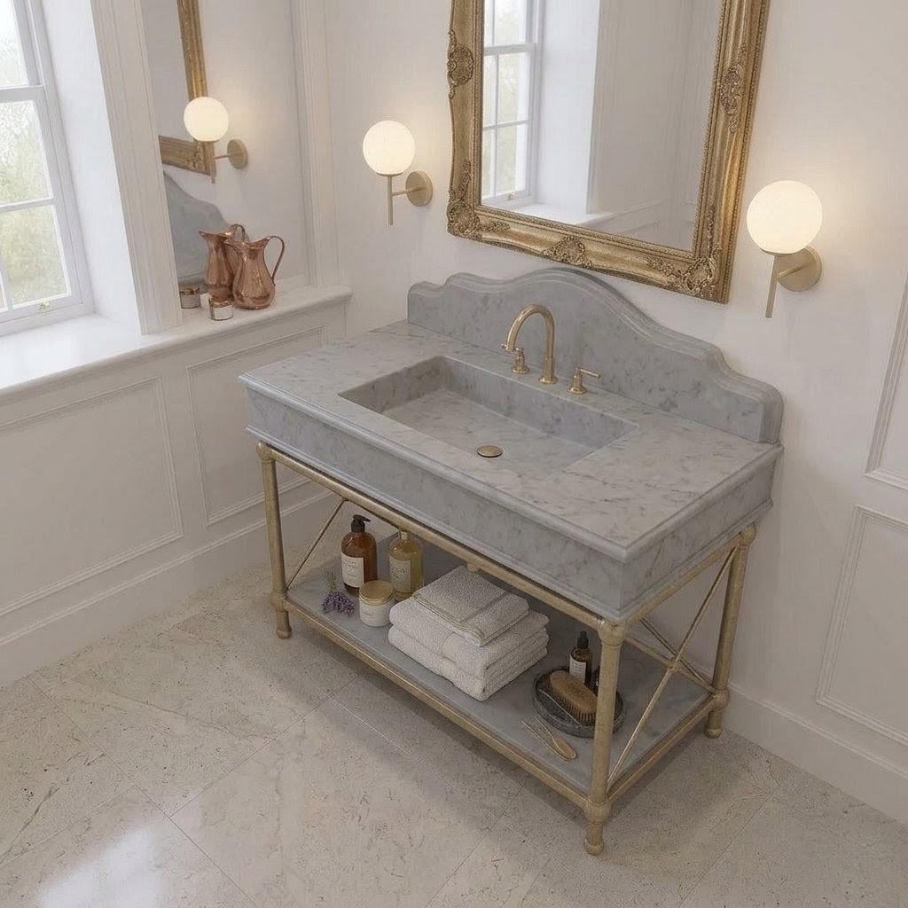 Handcrafted Gray Marble Vanity Sink with Gold Iron or Brass Stand (8" Thick)