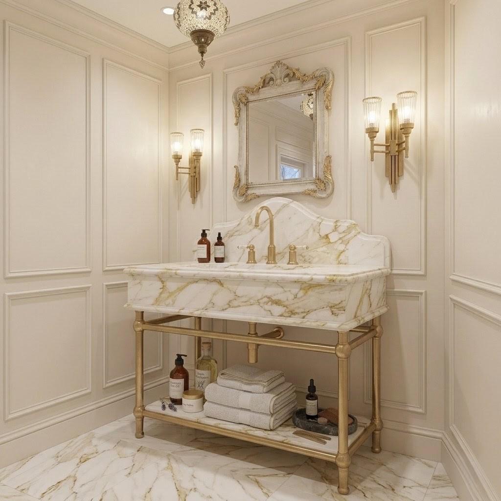 Calacatta Gold Marble Vanity, Solid Brass Console Stand, Custom Natural Stone Basin