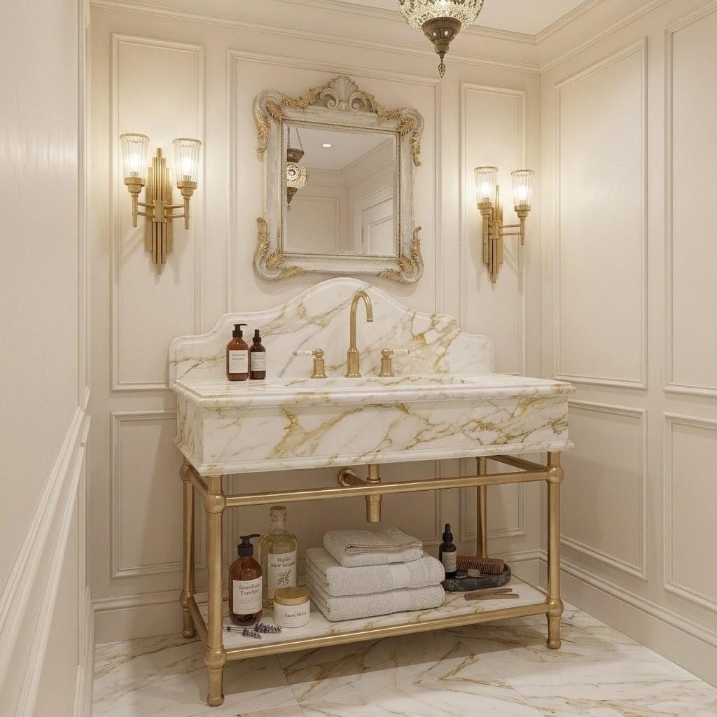 Calacatta Gold Marble Vanity, Solid Brass Console Stand, Custom Natural Stone Basin