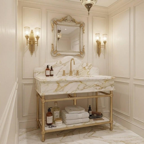 Calacatta Gold Marble Vanity, Solid Brass Console Stand, Custom Natural Stone Basin