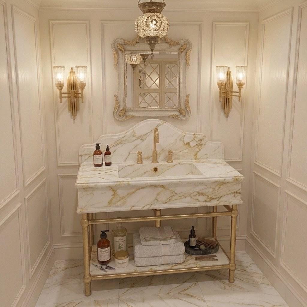 Calacatta Gold Marble Vanity, Solid Brass Console Stand, Custom Natural Stone Basin