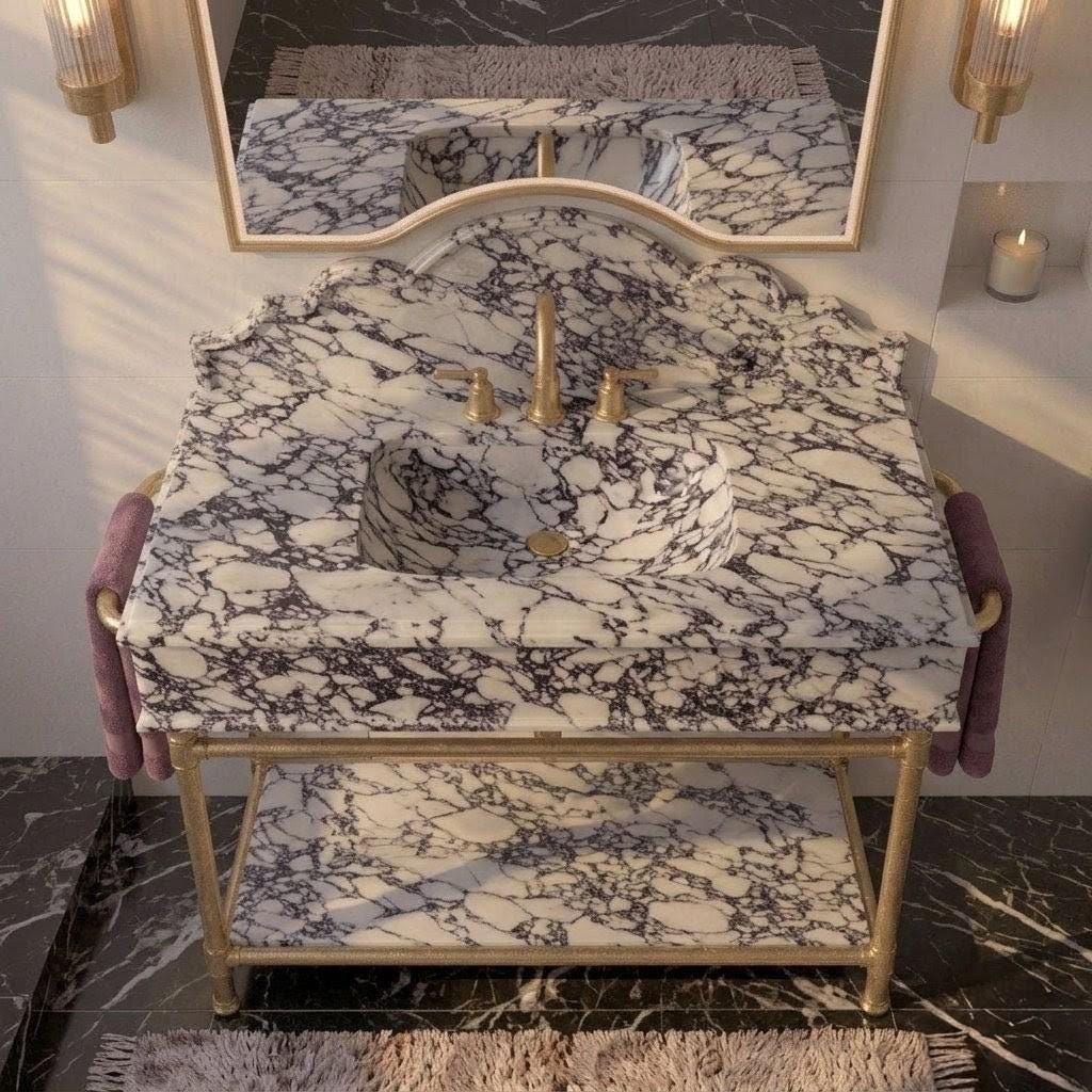 Handcrafted Calacatta Viola Marble Vanity with Integrated Sink, Solid Brass And Gold Painted  Stand