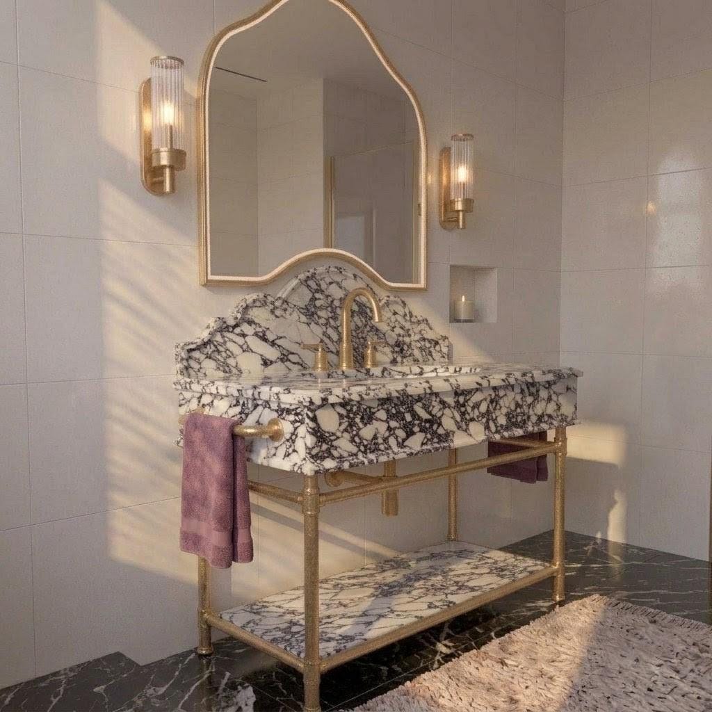 Handcrafted Calacatta Viola Marble Vanity with Integrated Sink, Solid Brass And Gold Painted  Stand