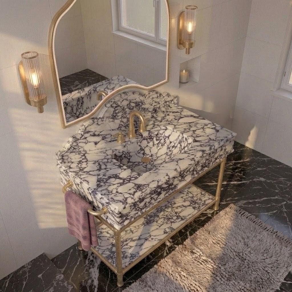 Handcrafted Calacatta Viola Marble Vanity with Integrated Sink, Solid Brass And Gold Painted  Stand