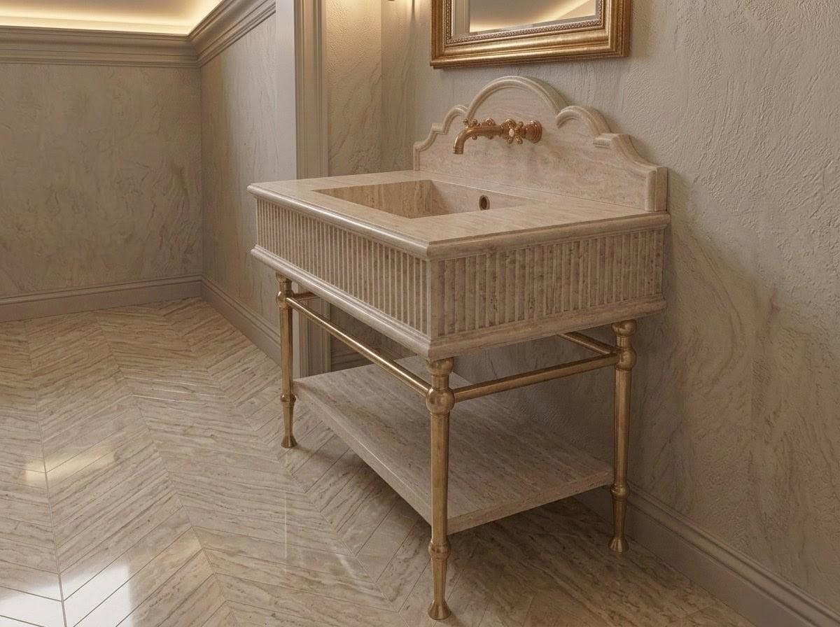Handcrafted Travertine Vanity Sink, Fluted Apron, Scalloped Backsplash, Brass Stand