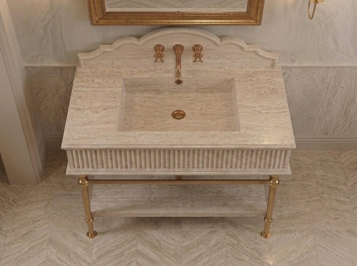 Handcrafted Travertine Vanity Sink, Fluted Apron, Scalloped Backsplash, Brass Stand