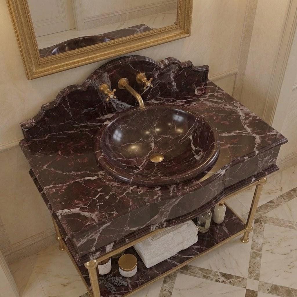 Rosso Levanto Marble Vanity Sink with Brass Console Stand, Burgundy Bathroom Vanity, Gold Painted Legs, Custom Wall Mount Washbasin