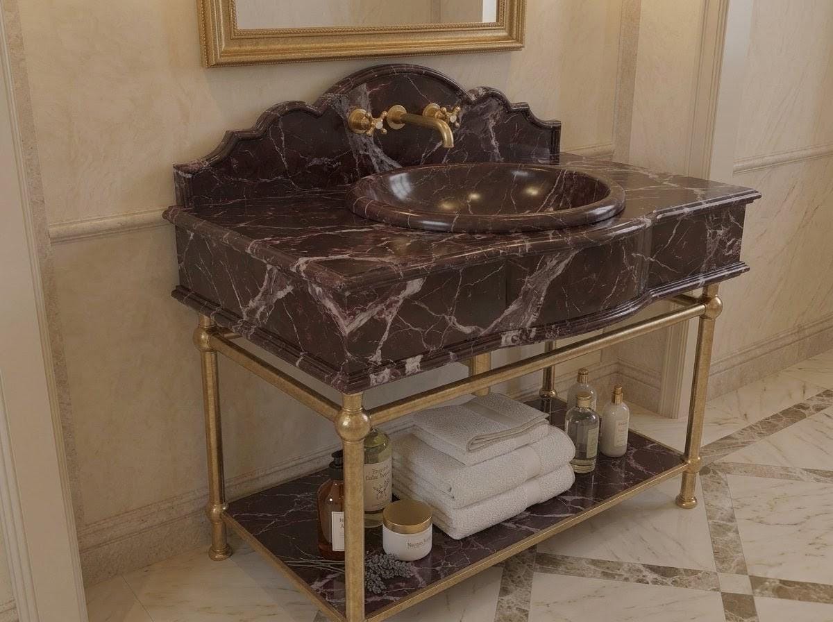 Rosso Levanto Marble Vanity Sink with Brass Console Stand, Burgundy Bathroom Vanity, Gold Painted Legs, Custom Wall Mount Washbasin
