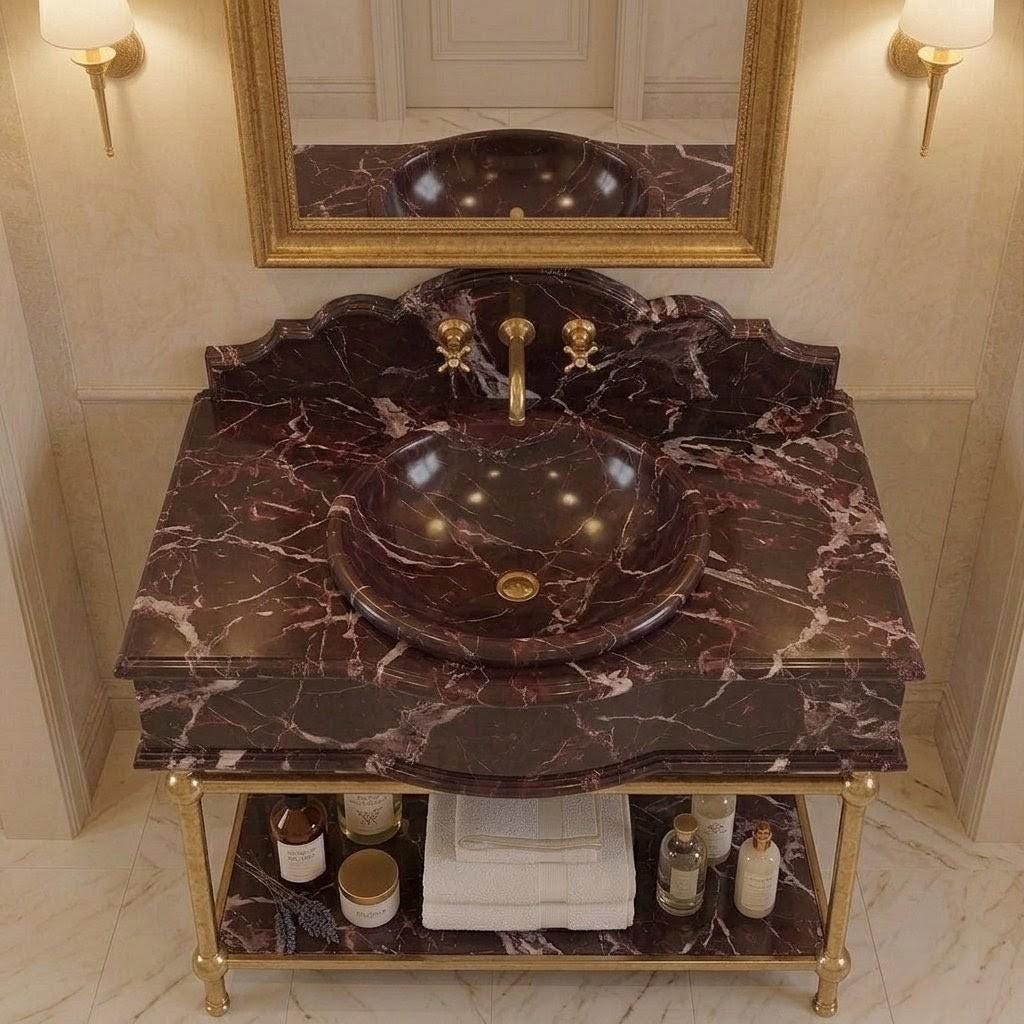 Rosso Levanto Marble Vanity Sink with Brass Console Stand, Burgundy Bathroom Vanity, Gold Painted Legs, Custom Wall Mount Washbasin