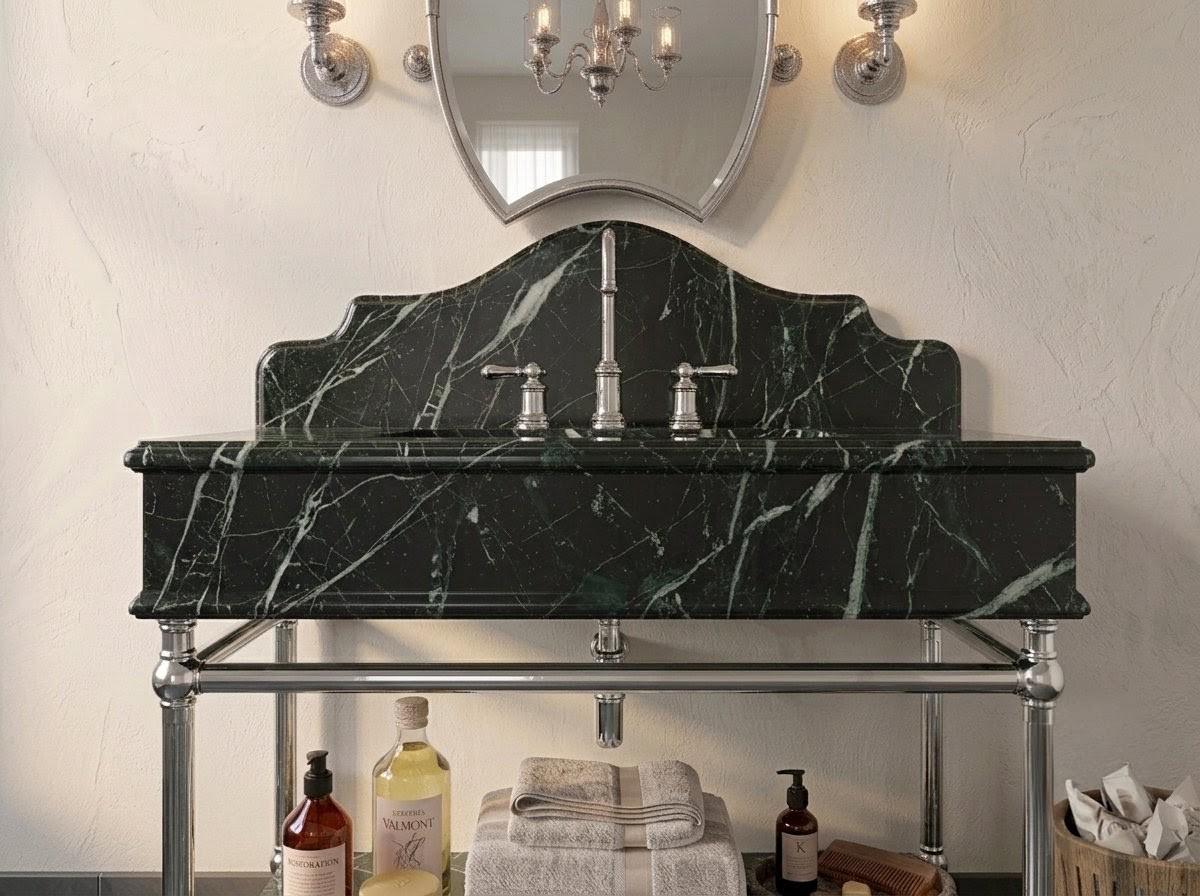 Verde Levanto Green Marble Vanity Unit, Solid Silver Painted Iron Console, Luxury Bathroom Sink