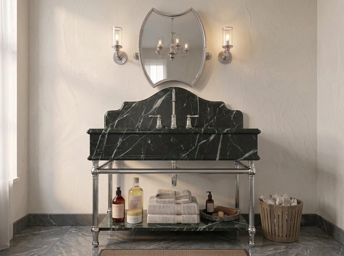 Verde Levanto Green Marble Vanity Unit, Solid Silver Painted Iron Console, Luxury Bathroom Sink
